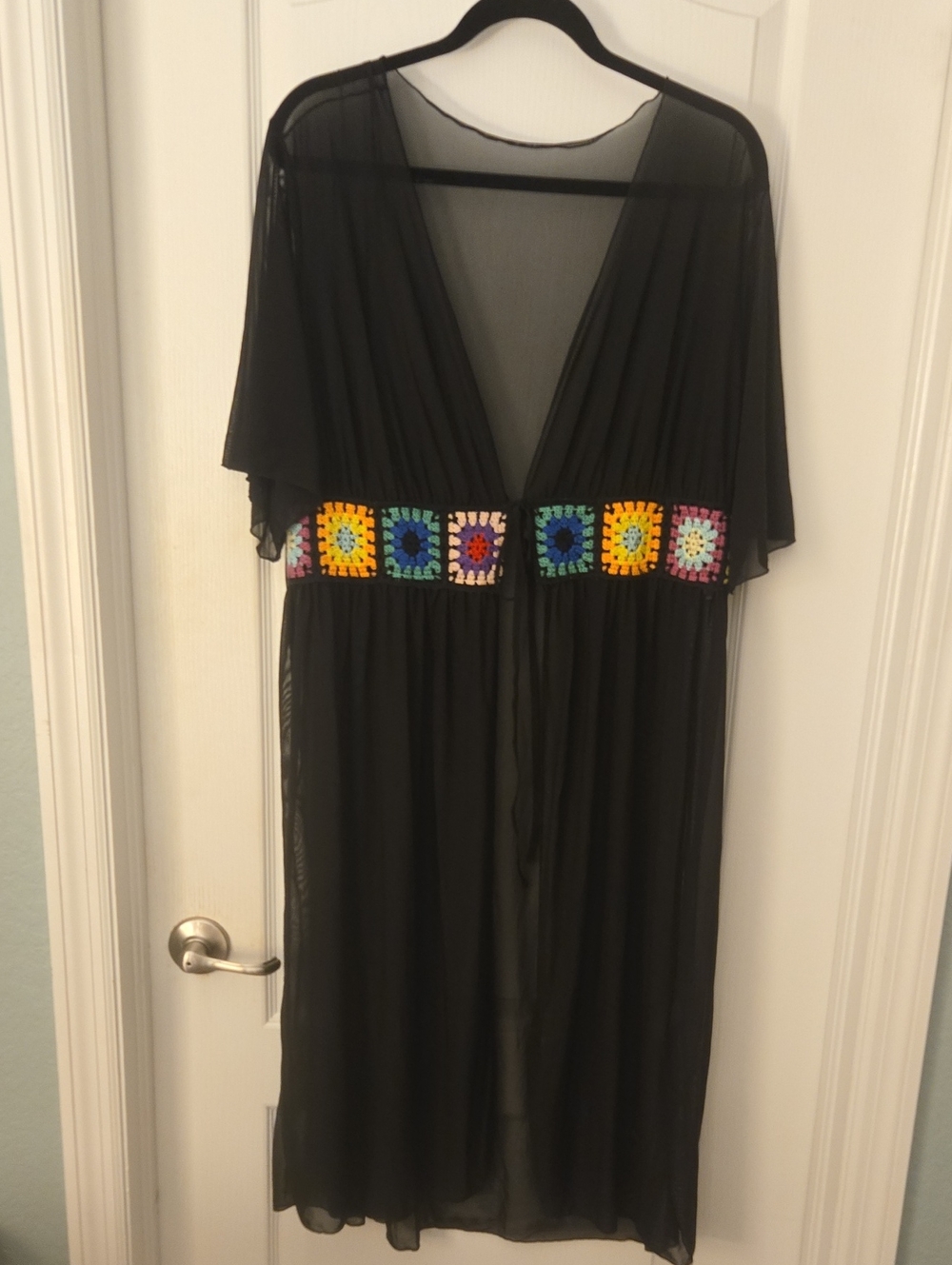 Black Sheer Maxi Bathing Suit Cover-Up - Colorful Crochet Waistband - Plus 1XL